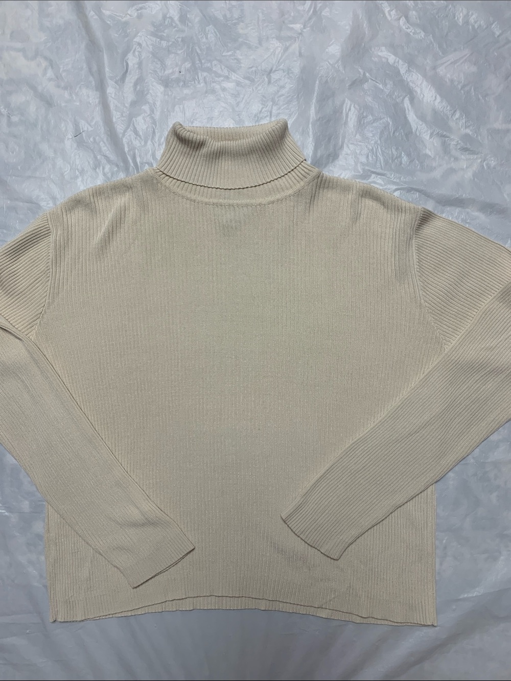 Loft 100% Silk Cream Ribbed Long Sleeve Turtleneck Shirt Minimalist Size Large